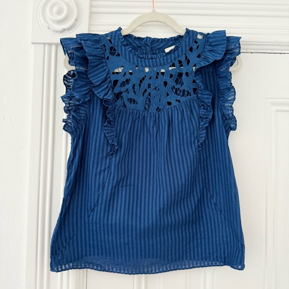 Blue Women's Caballero Blousewith ruffles and lace detail